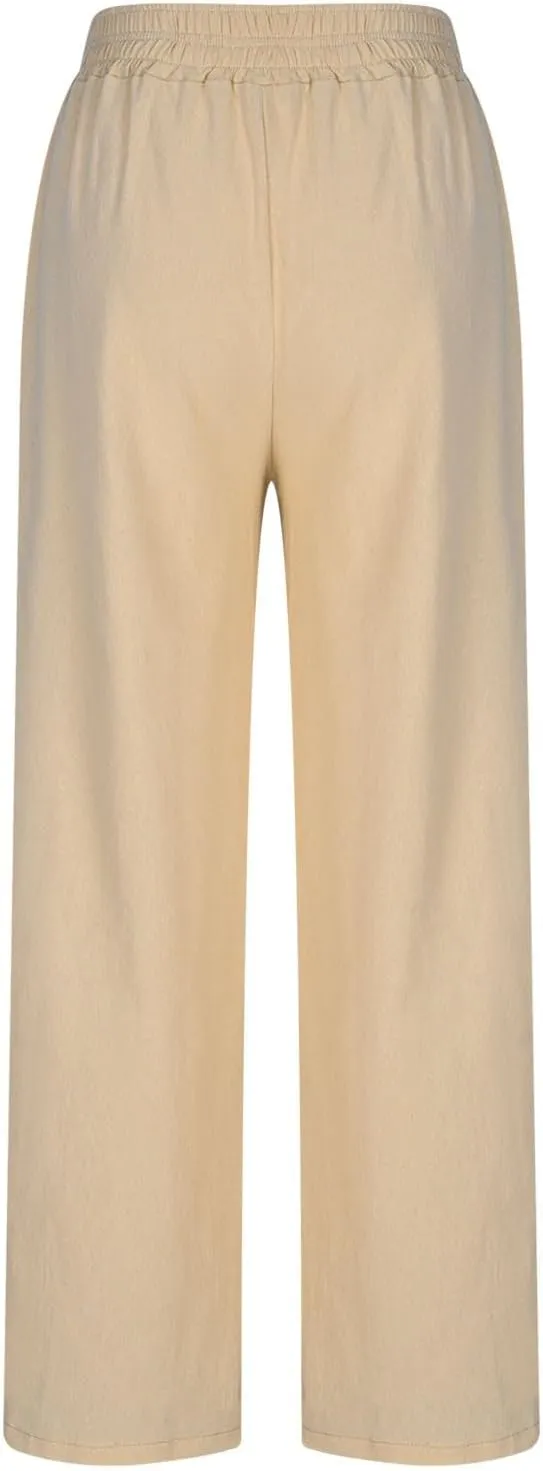 Linen Pants Women Summer Casual Loose Palazzo Flowy Slacks Elastic Waistband Wide Leg Beach Trousers with Pockets