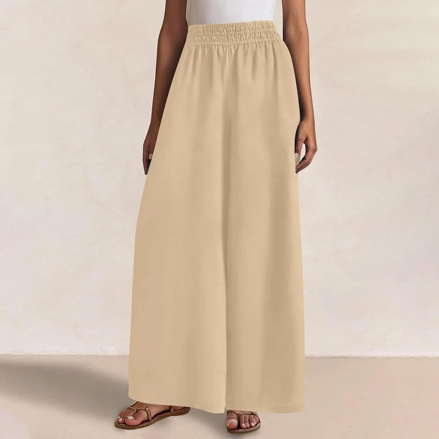 Linen Pants Women Summer Casual Loose Palazzo Flowy Slacks Elastic Waistband Wide Leg Beach Trousers with Pockets