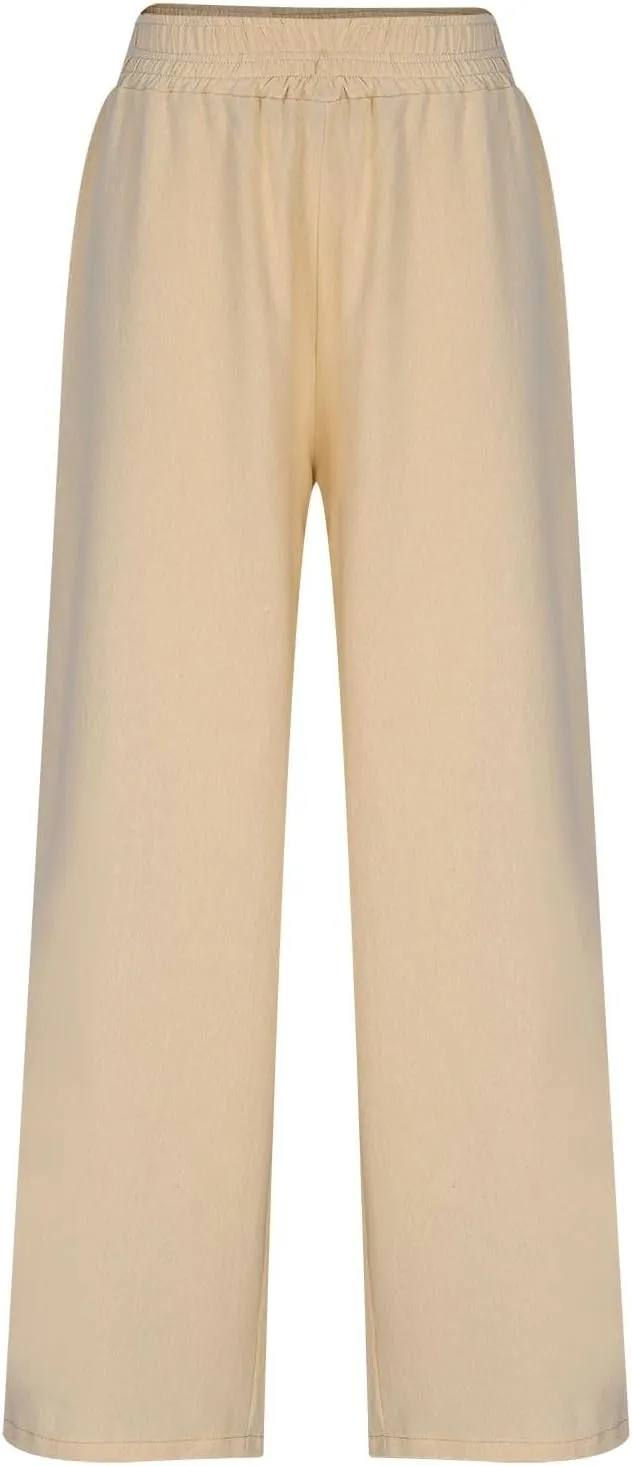 Linen Pants Women Summer Casual Loose Palazzo Flowy Slacks Elastic Waistband Wide Leg Beach Trousers with Pockets