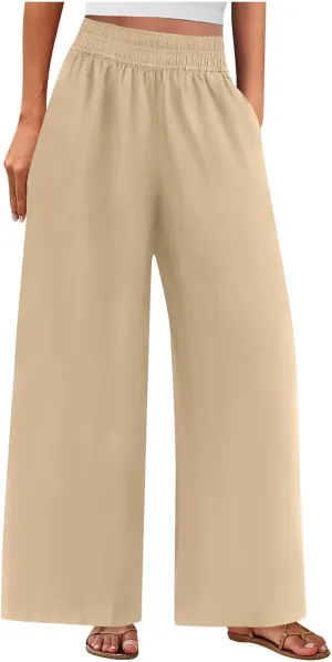 Linen Pants Women Summer Casual Loose Palazzo Flowy Slacks Elastic Waistband Wide Leg Beach Trousers with Pockets