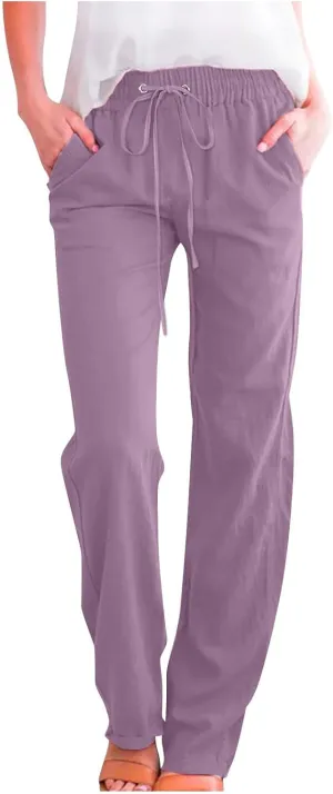 Linen Pants Women Summer Loose Mid Waisted Breathable Trousers Casual Fall Long Comfy Lounge Pants with Pockets