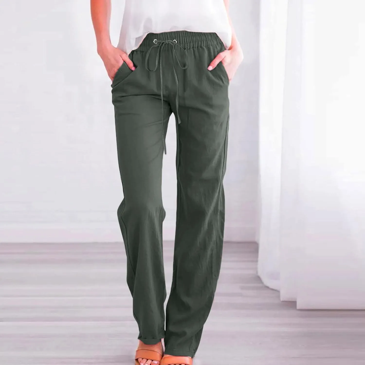 Linen Pants Women Summer Loose Mid Waisted Breathable Trousers Casual Fall Long Comfy Lounge Pants with Pockets