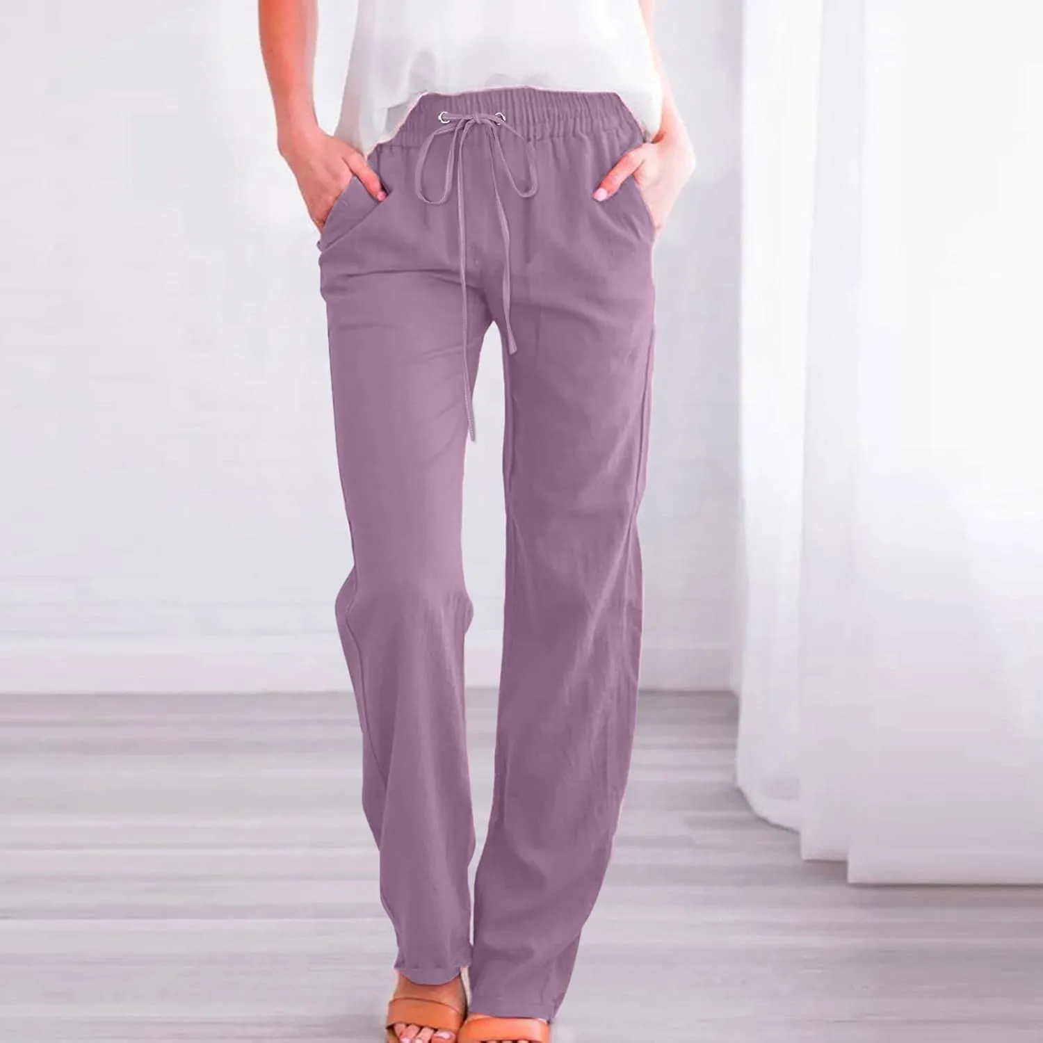 Linen Pants Women Summer Loose Mid Waisted Breathable Trousers Casual Fall Long Comfy Lounge Pants with Pockets