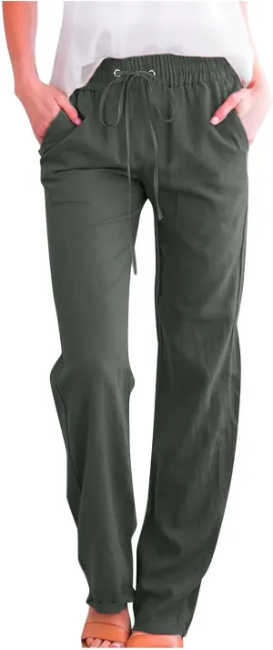 Linen Pants Women Summer Loose Mid Waisted Breathable Trousers Casual Fall Long Comfy Lounge Pants with Pockets