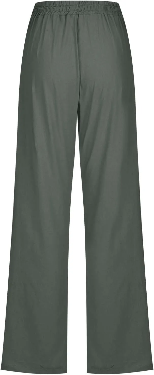 Linen Pants Women Summer Loose Mid Waisted Breathable Trousers Casual Fall Long Comfy Lounge Pants with Pockets