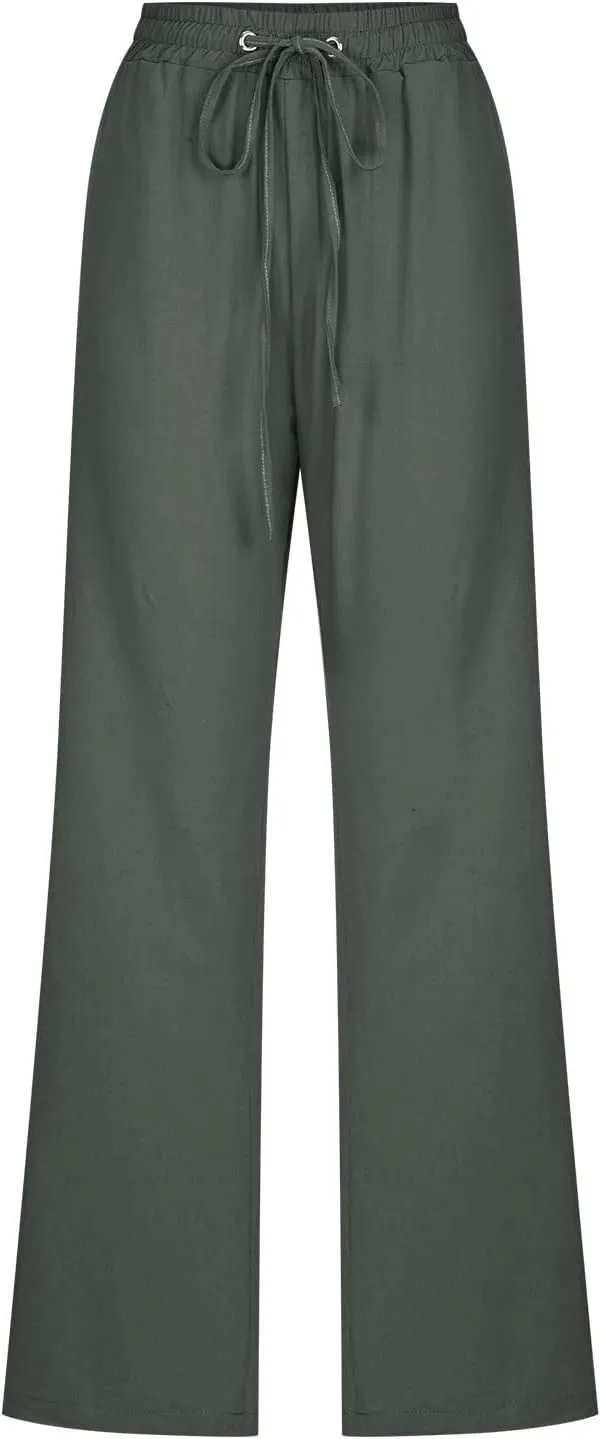 Linen Pants Women Summer Loose Mid Waisted Breathable Trousers Casual Fall Long Comfy Lounge Pants with Pockets