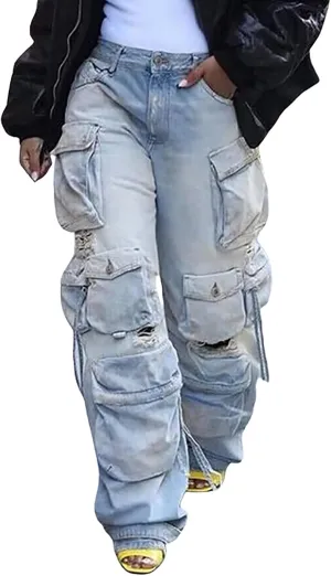 LKOUS Women's Y2K Baggy Straight Wide Leg Cargo Jeans, Streetwear High Waisted Denim Pant
