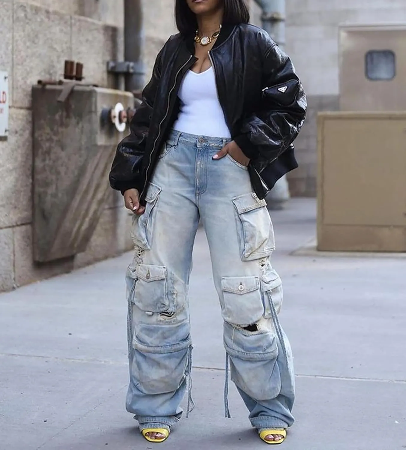 LKOUS Women's Y2K Baggy Straight Wide Leg Cargo Jeans, Streetwear High Waisted Denim Pant