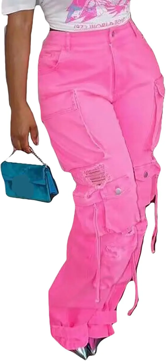 LKOUS Women's Y2K Baggy Straight Wide Leg Cargo Jeans, Streetwear High Waisted Denim Pant