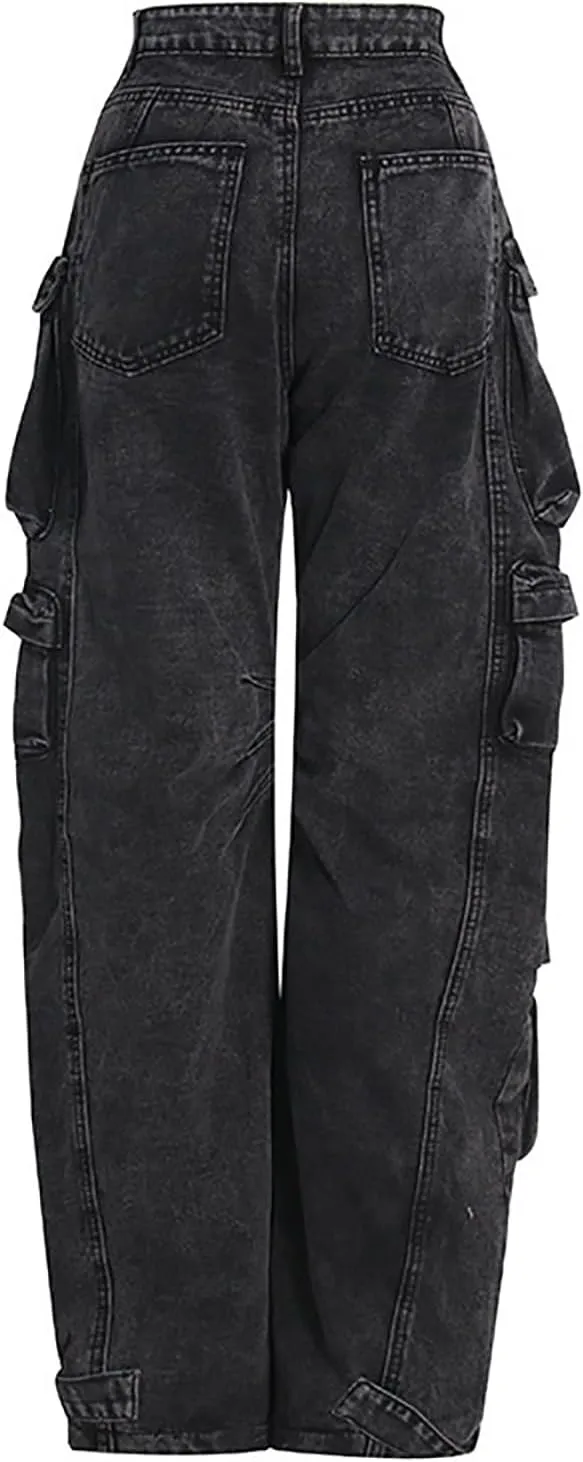 LKOUS Women's Y2K Baggy Straight Wide Leg Cargo Jeans, Streetwear High Waisted Denim Pant