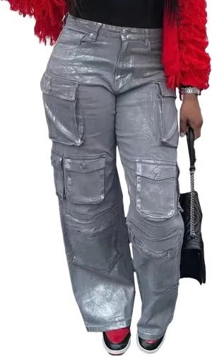 LKOUS Women's Y2K Baggy Straight Wide Leg Cargo Jeans, Streetwear High Waisted Denim Pant