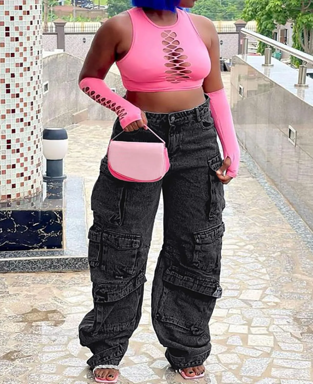 LKOUS Women's Y2K Baggy Straight Wide Leg Cargo Jeans, Streetwear High Waisted Denim Pant