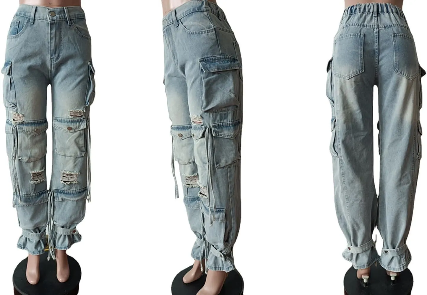LKOUS Women's Y2K Baggy Straight Wide Leg Cargo Jeans, Streetwear High Waisted Denim Pant