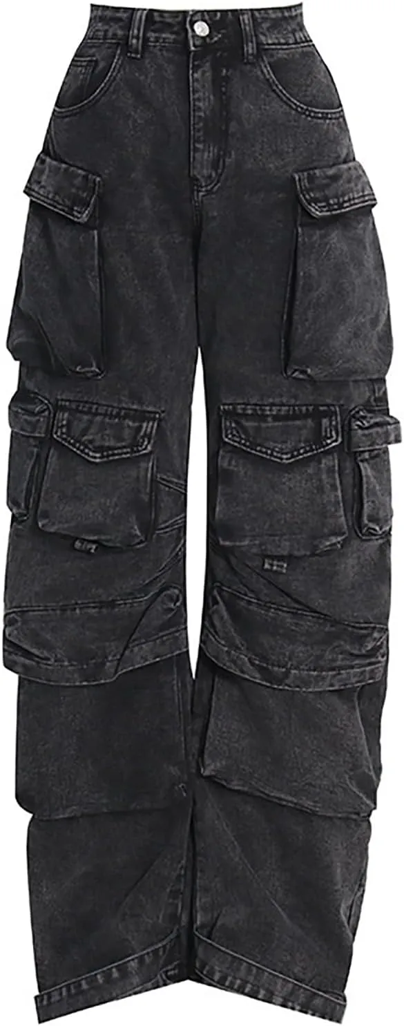 LKOUS Women's Y2K Baggy Straight Wide Leg Cargo Jeans, Streetwear High Waisted Denim Pant