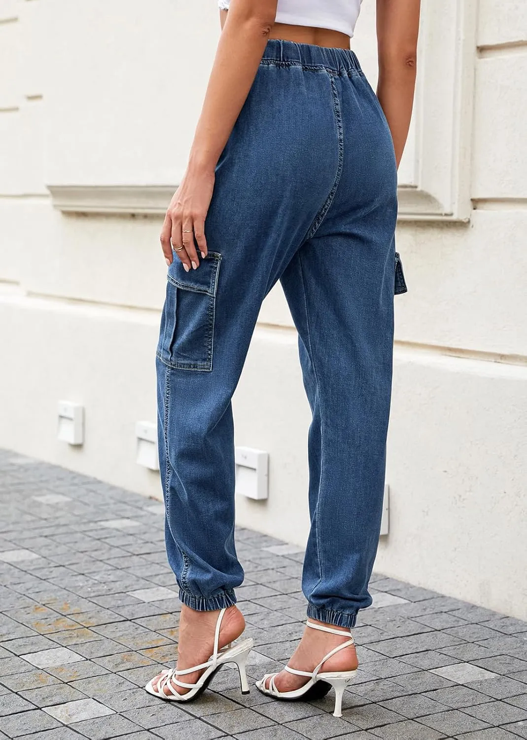 LONGYIDA Jean Joggers for Women High Waisted Drawstring Elastic Waist Stretch Denim Pants