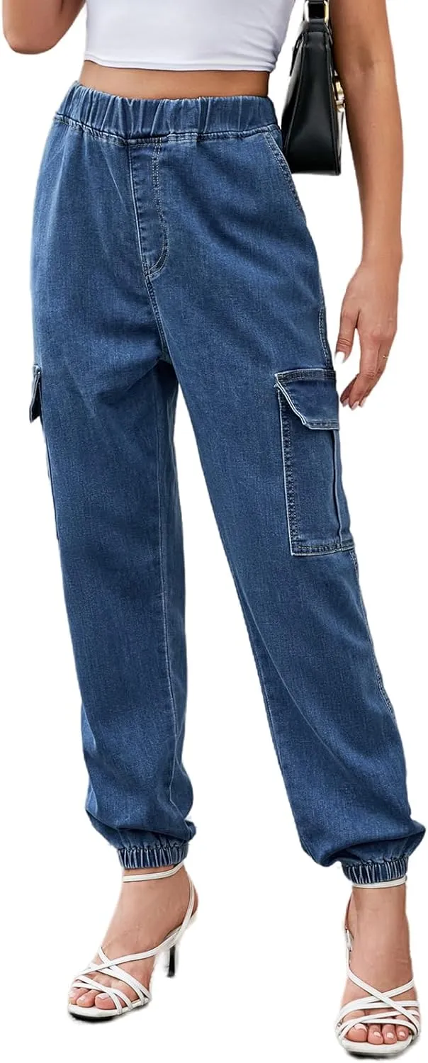 LONGYIDA Jean Joggers for Women High Waisted Drawstring Elastic Waist Stretch Denim Pants