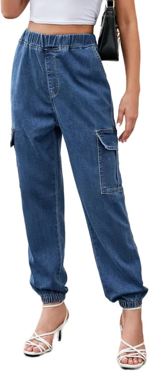 LONGYIDA Jean Joggers for Women High Waisted Drawstring Elastic Waist Stretch Denim Pants