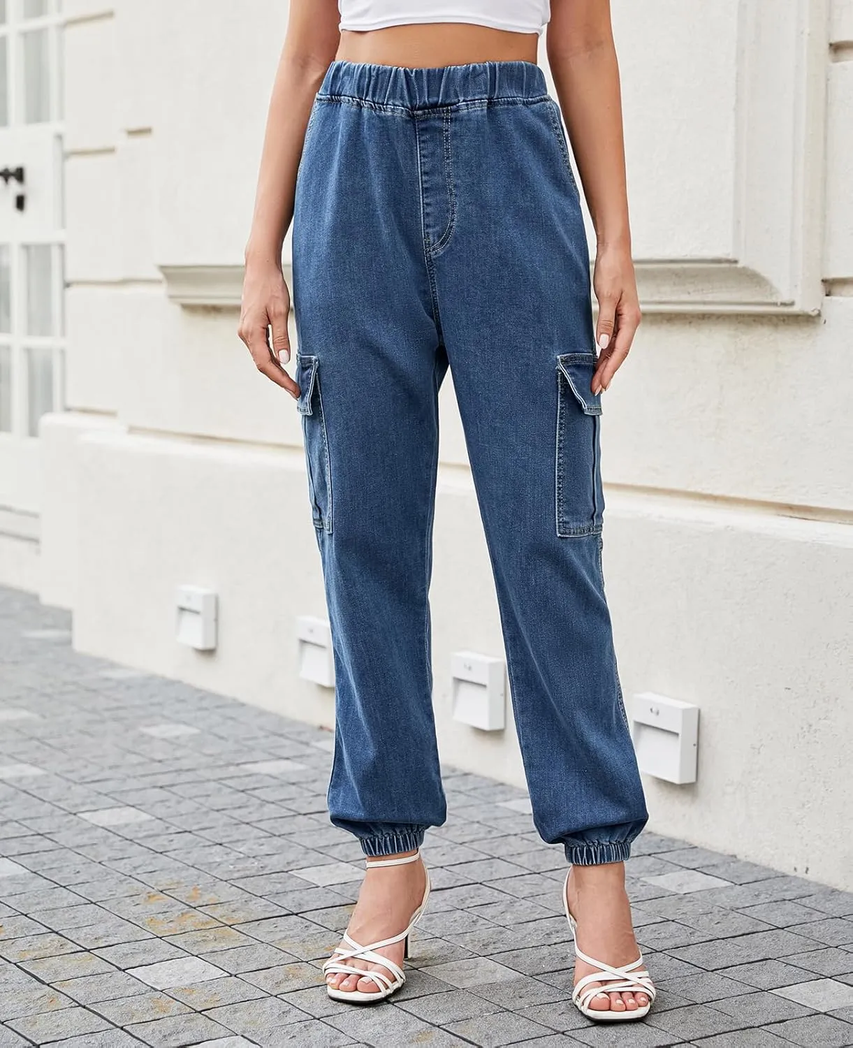 LONGYIDA Jean Joggers for Women High Waisted Drawstring Elastic Waist Stretch Denim Pants