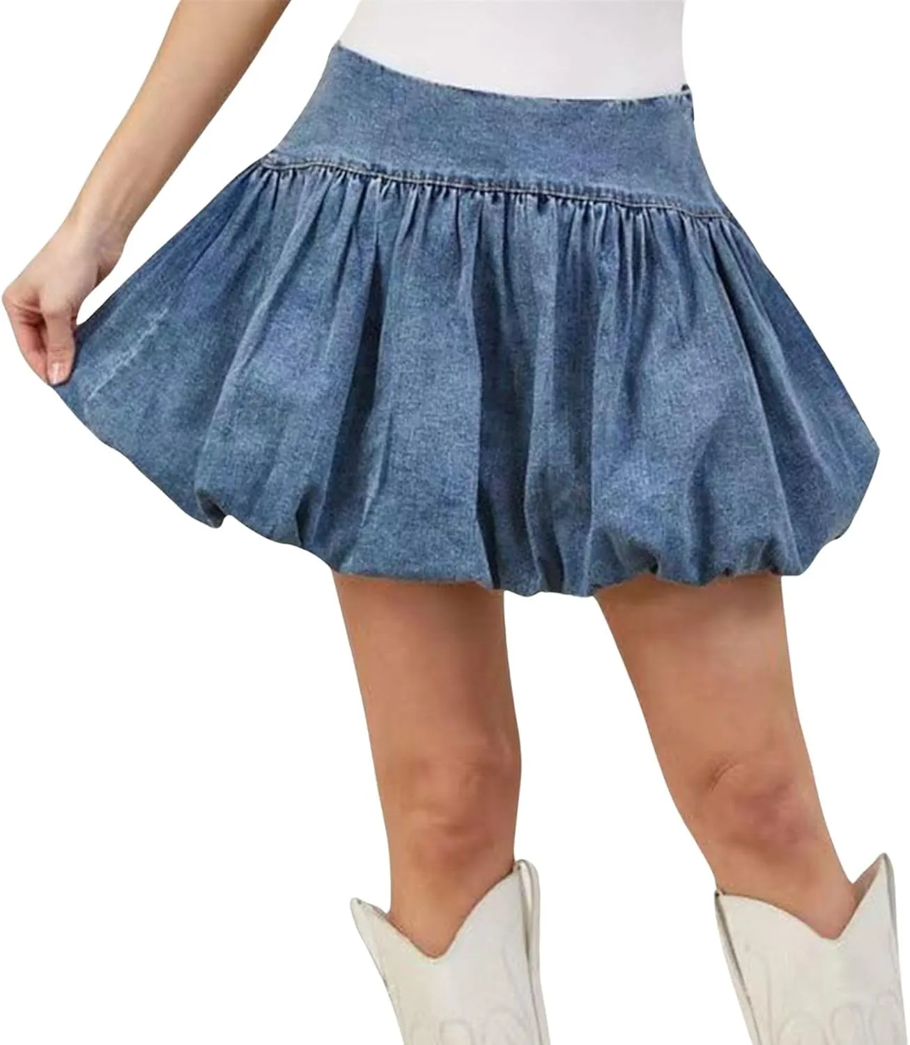 loveimgs Women Cute High Waisted Short Denim Pleated Mini Jean Skirt Ruffle A Line Skirt Y2k Balloon Bubble Skirt