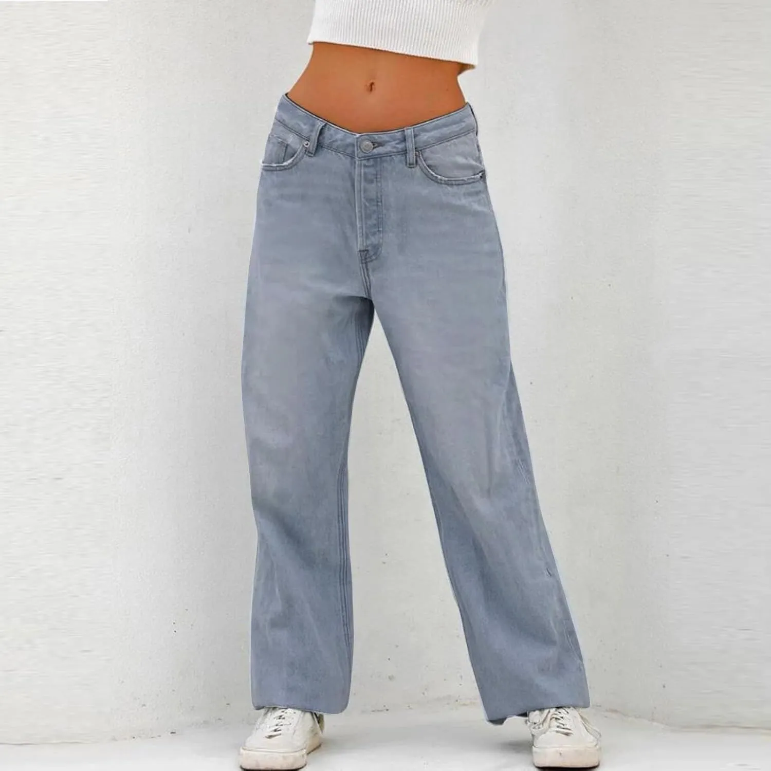 Low Waisted Jeans for Women Vintage Boyfriends Straight High Leg Denim Pants Trendy Casual Trousers with Pockets