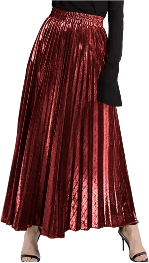 Lpmadey Womens Pleated Midi Skirt, High Waist Swing A-line Skirt Casual Metallic Shiny Accordion Pleated Elastic Long Skirts