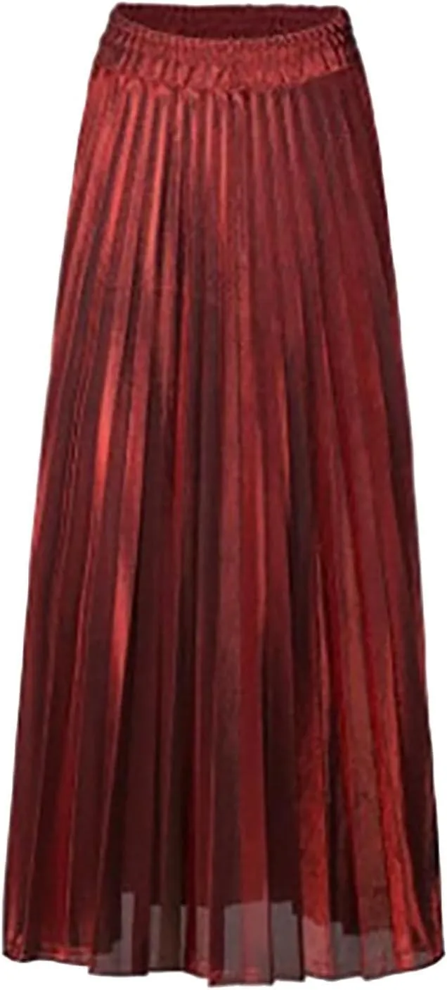 Lpmadey Womens Pleated Midi Skirt, High Waist Swing A-line Skirt Casual Metallic Shiny Accordion Pleated Elastic Long Skirts