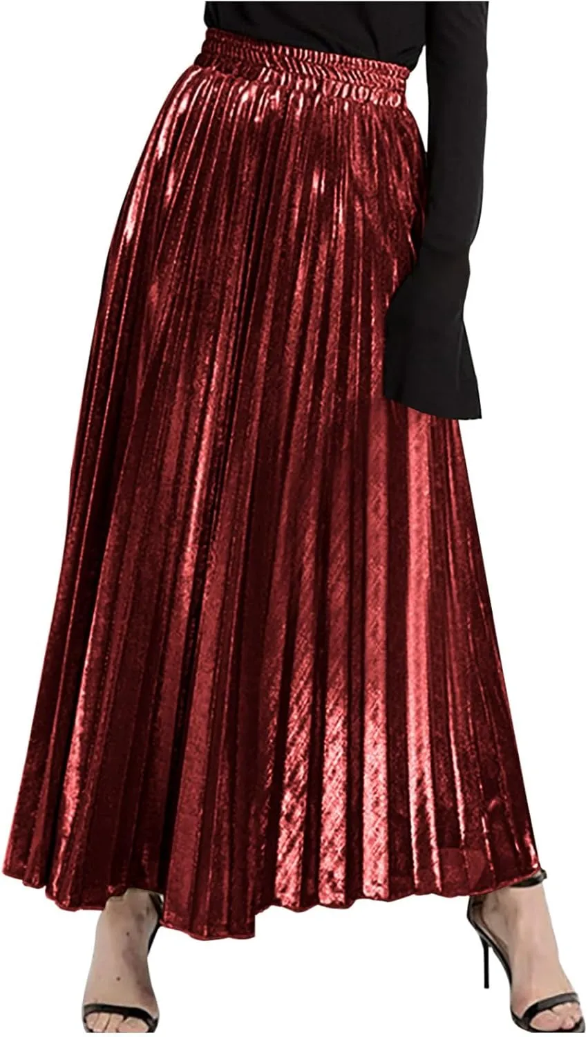 Lpmadey Womens Pleated Midi Skirt, High Waist Swing A-line Skirt Casual Metallic Shiny Accordion Pleated Elastic Long Skirts