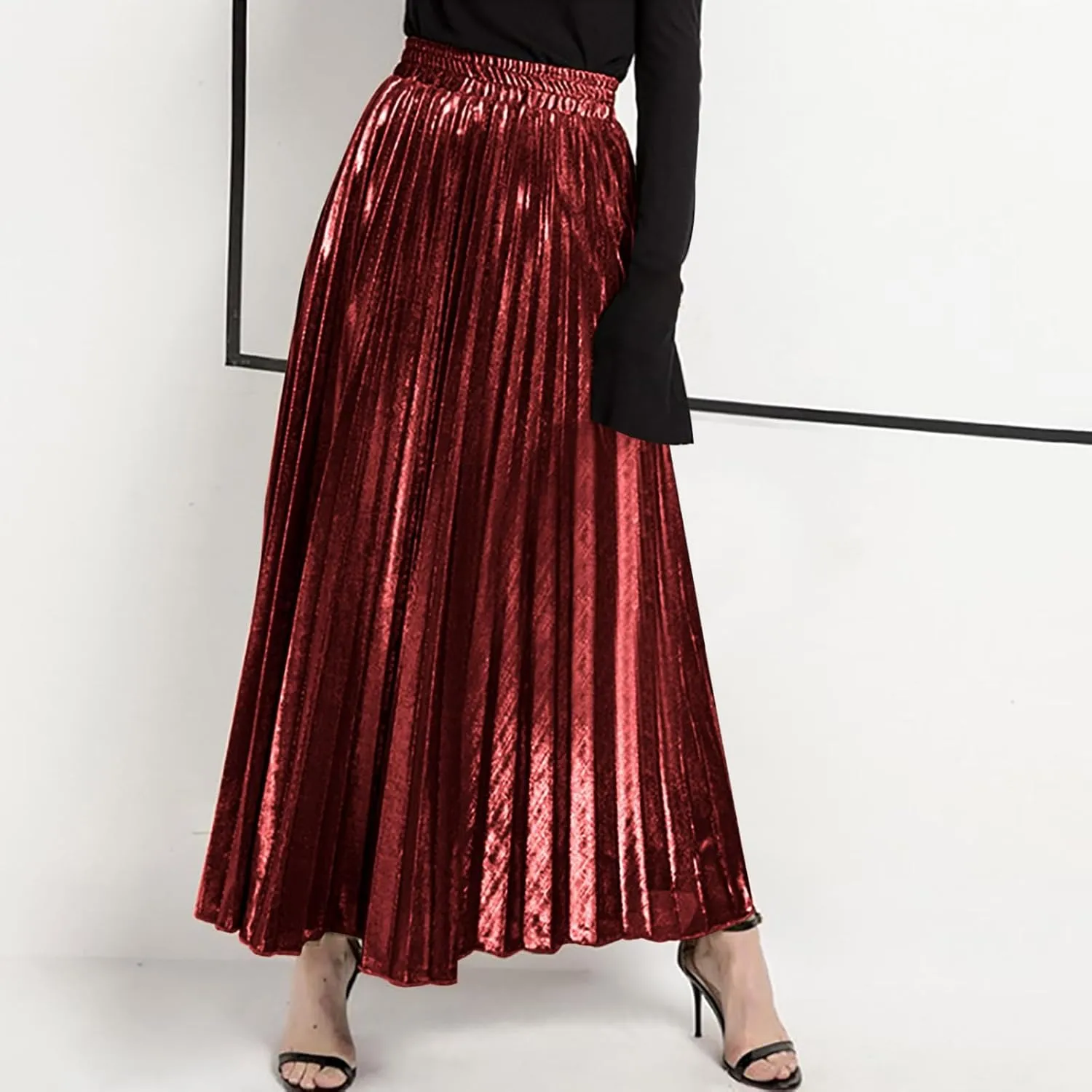 Lpmadey Womens Pleated Midi Skirt, High Waist Swing A-line Skirt Casual Metallic Shiny Accordion Pleated Elastic Long Skirts
