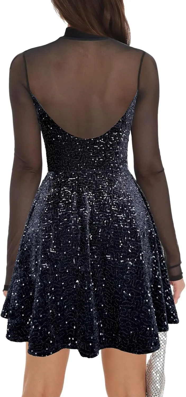 Lrady Women's Sequin Glitter V Neck Skater Mini Club Cocktail Party Swing Dress