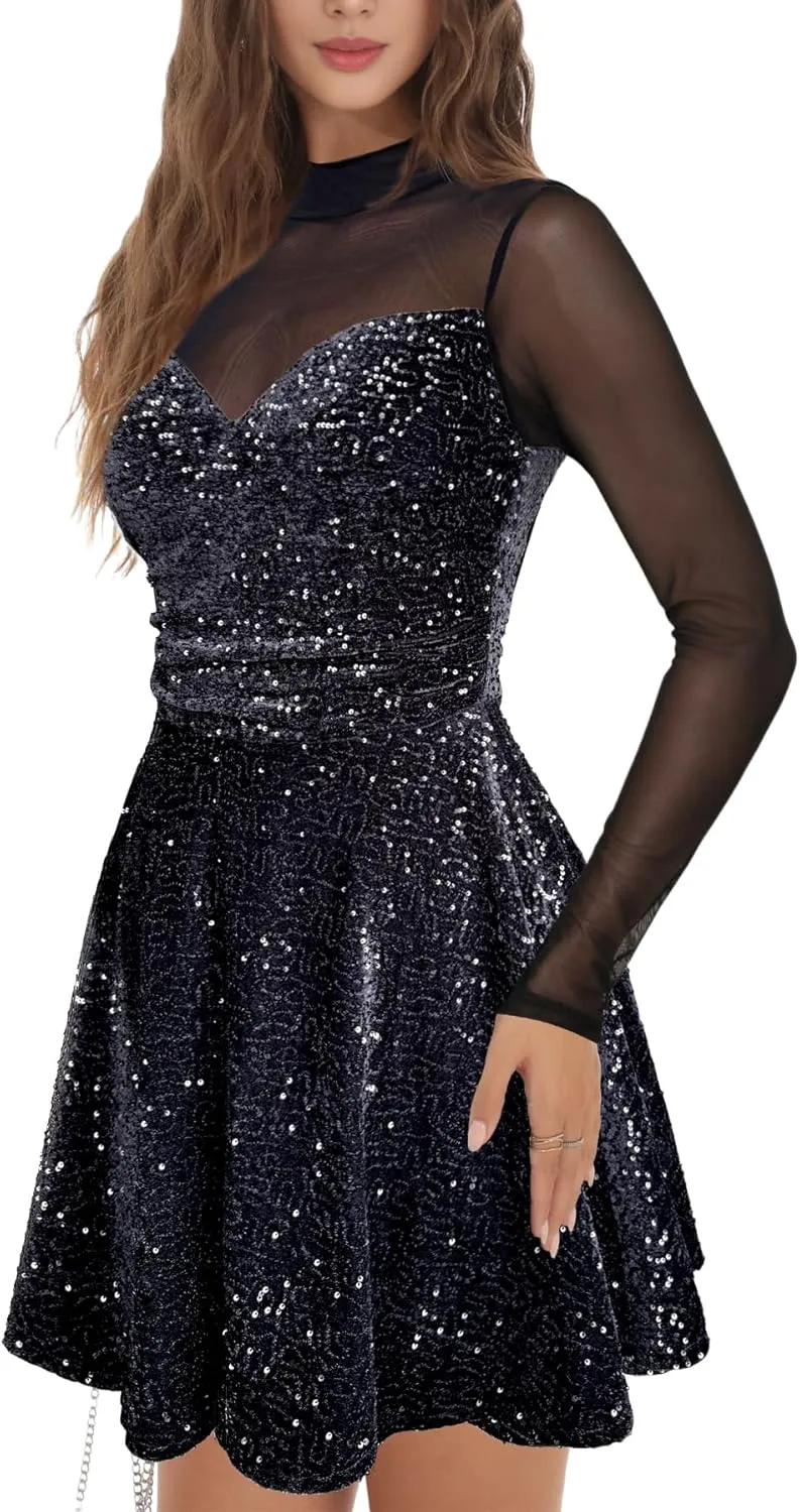 Lrady Women's Sequin Glitter V Neck Skater Mini Club Cocktail Party Swing Dress