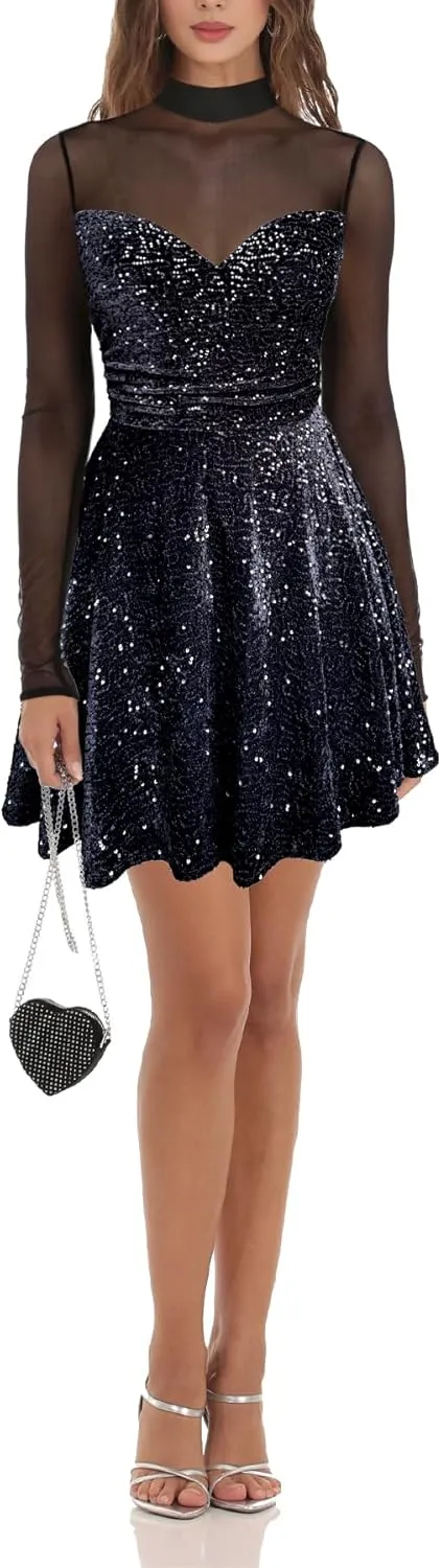 Lrady Women's Sequin Glitter V Neck Skater Mini Club Cocktail Party Swing Dress