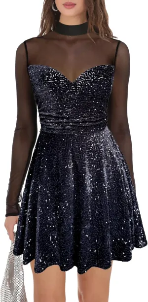 Lrady Women's Sequin Glitter V Neck Skater Mini Club Cocktail Party Swing Dress