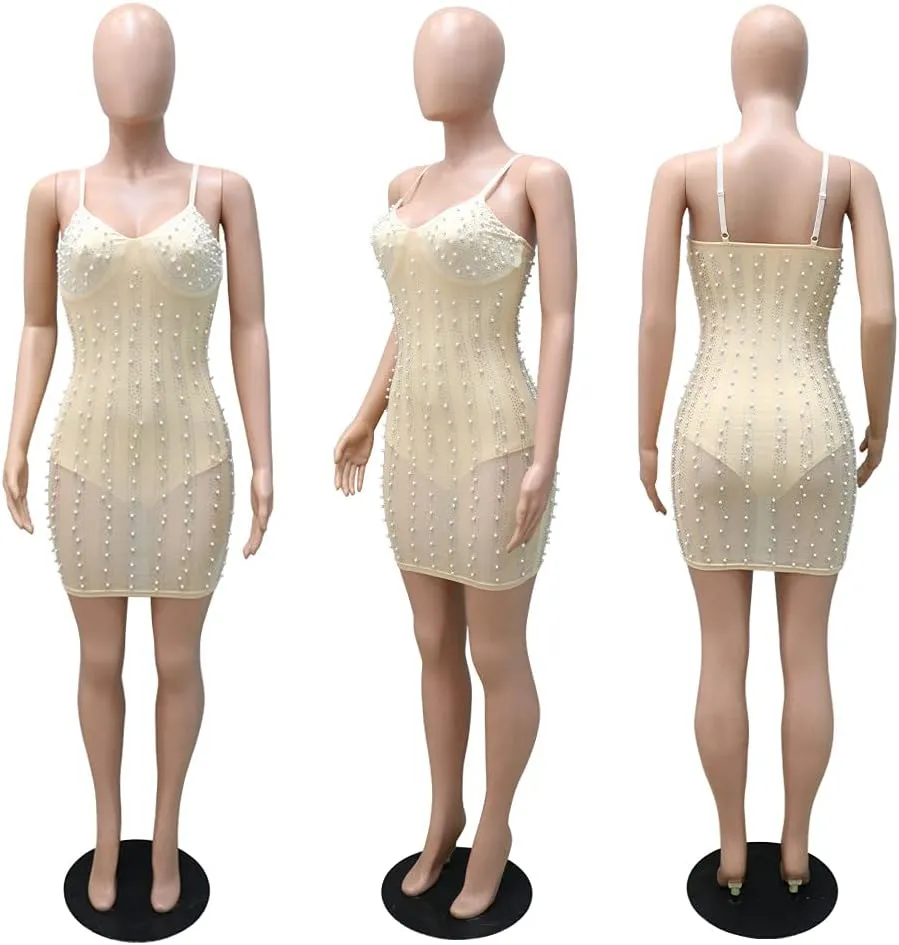 Lrady Women's Sexy Bodycon Spaghetti Strap Backless Sparkly See Through Mesh Mini Dresses for Birthday Club Party Homecoming