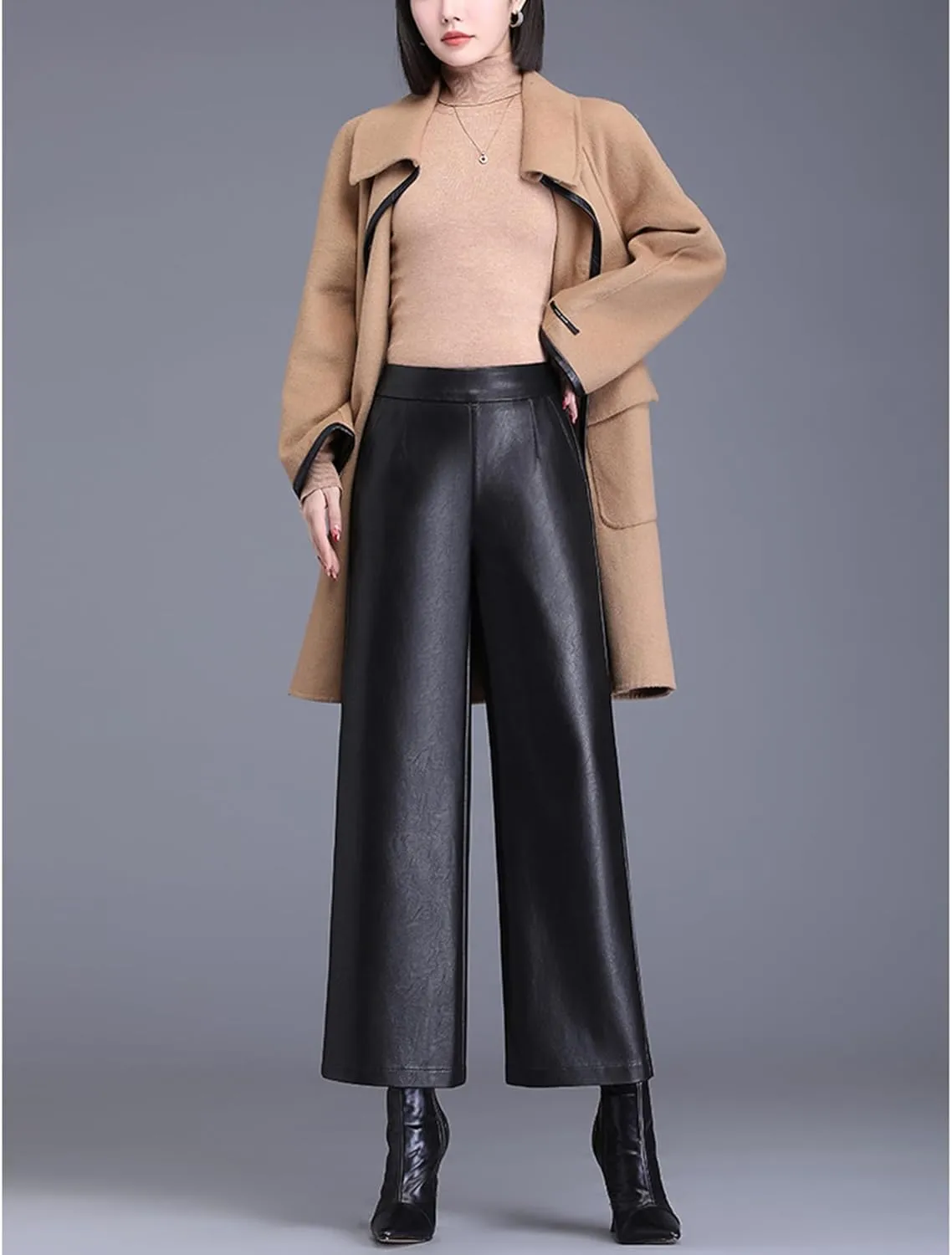 Lucrosun Women's Elastic High Waist Wide Leg Faux Leather Pants Palazoo Trousers