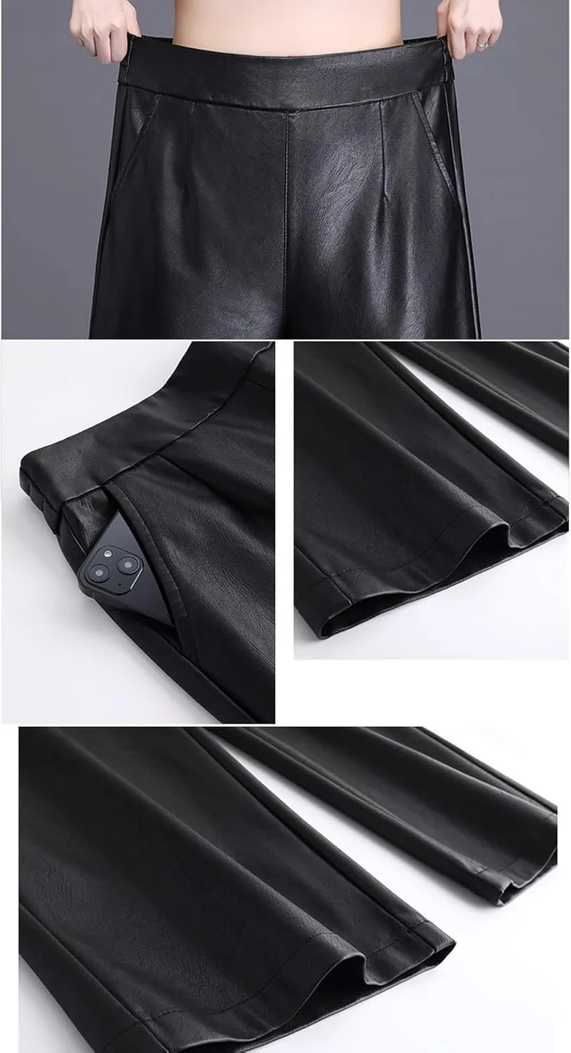 Lucrosun Women's Elastic High Waist Wide Leg Faux Leather Pants Palazoo Trousers