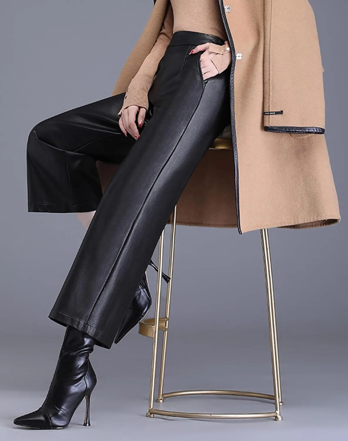 Lucrosun Women's Elastic High Waist Wide Leg Faux Leather Pants Palazoo Trousers
