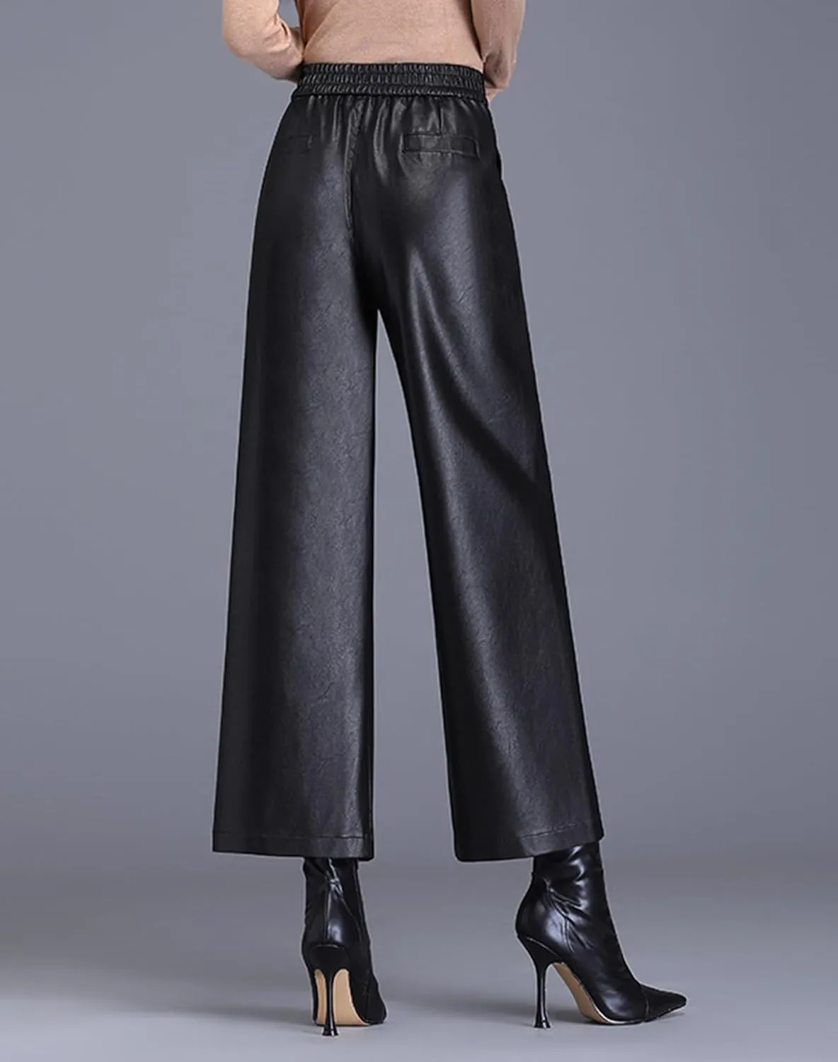 Lucrosun Women's Elastic High Waist Wide Leg Faux Leather Pants Palazoo Trousers