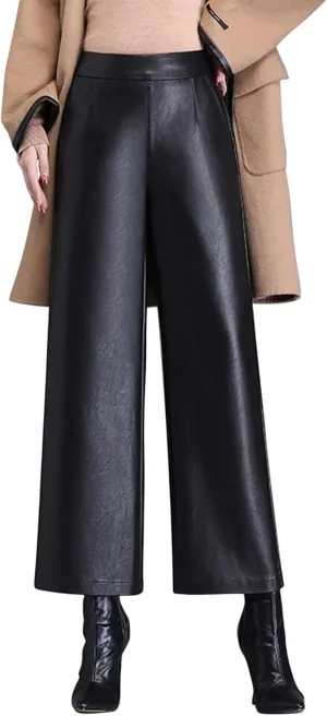 Lucrosun Women's Elastic High Waist Wide Leg Faux Leather Pants Palazoo Trousers