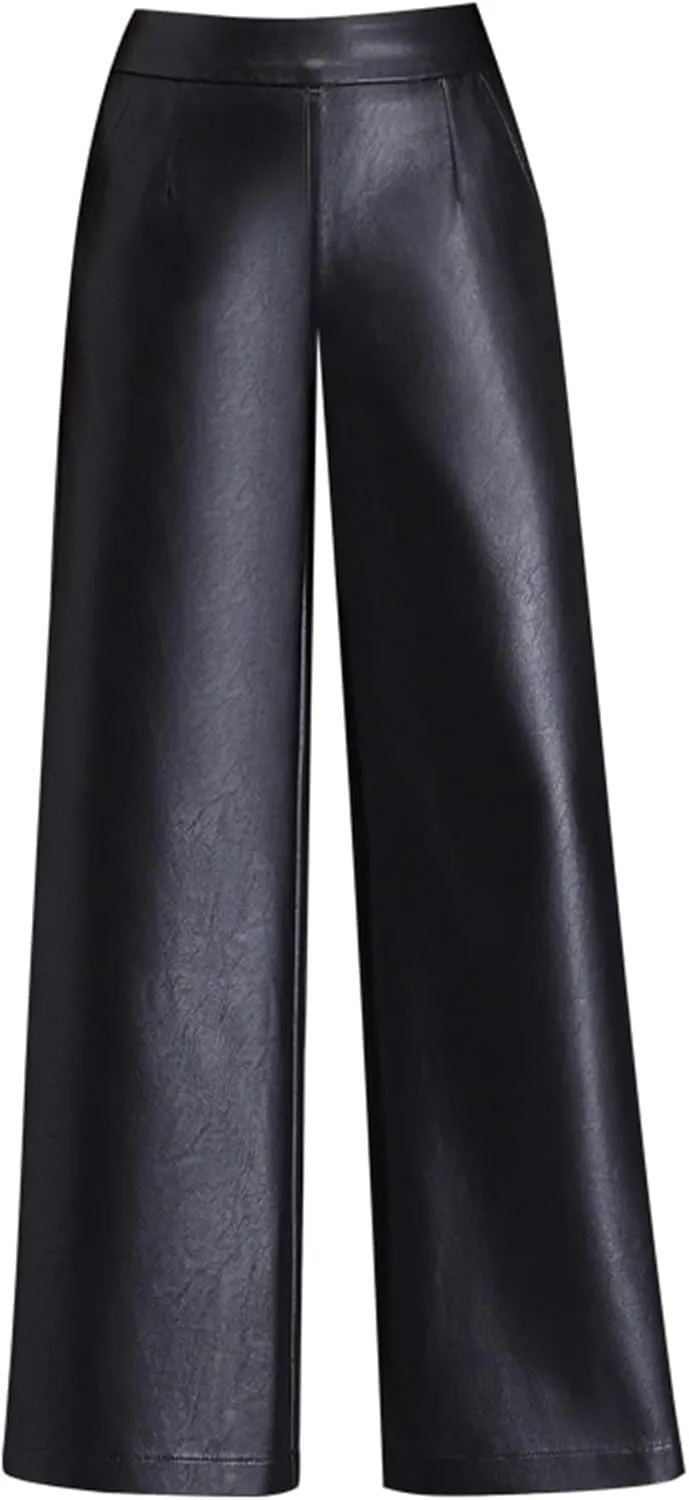 Lucrosun Women's Elastic High Waist Wide Leg Faux Leather Pants Palazoo Trousers