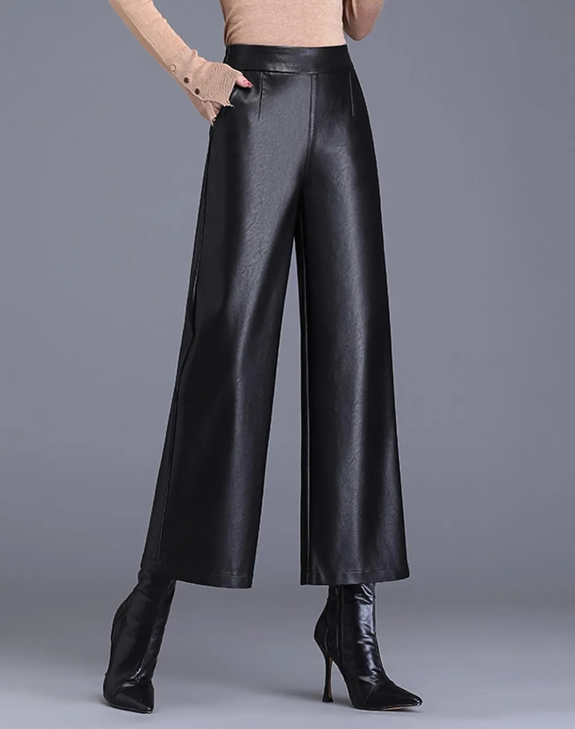 Lucrosun Women's Elastic High Waist Wide Leg Faux Leather Pants Palazoo Trousers