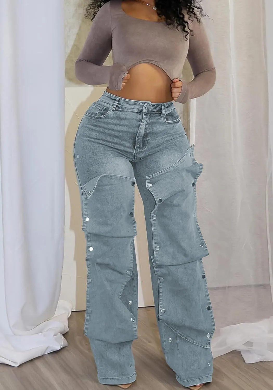 Lucuna Womens High Waisted Baggy Straight Leg Jeans Y2K Detachable Patchwork Asymmetrical Denim Pants Streetwear