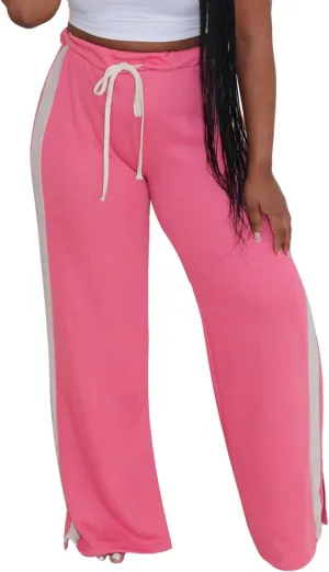 Lucuna Women's Wide Leg Sweatpants Striped High Waisted Drawstring Loose Straight Leg Lounge Baggy Pants