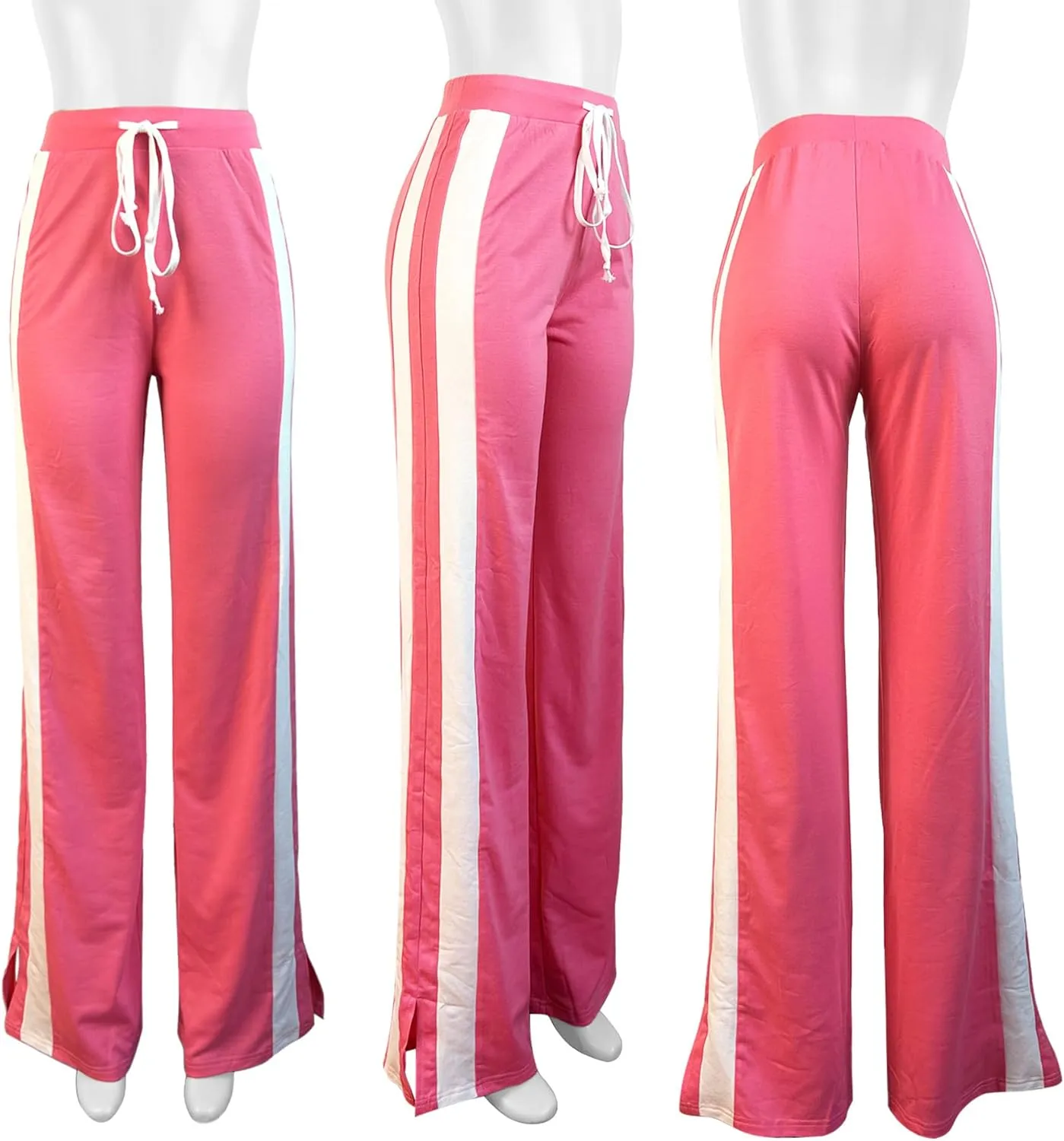 Lucuna Women's Wide Leg Sweatpants Striped High Waisted Drawstring Loose Straight Leg Lounge Baggy Pants