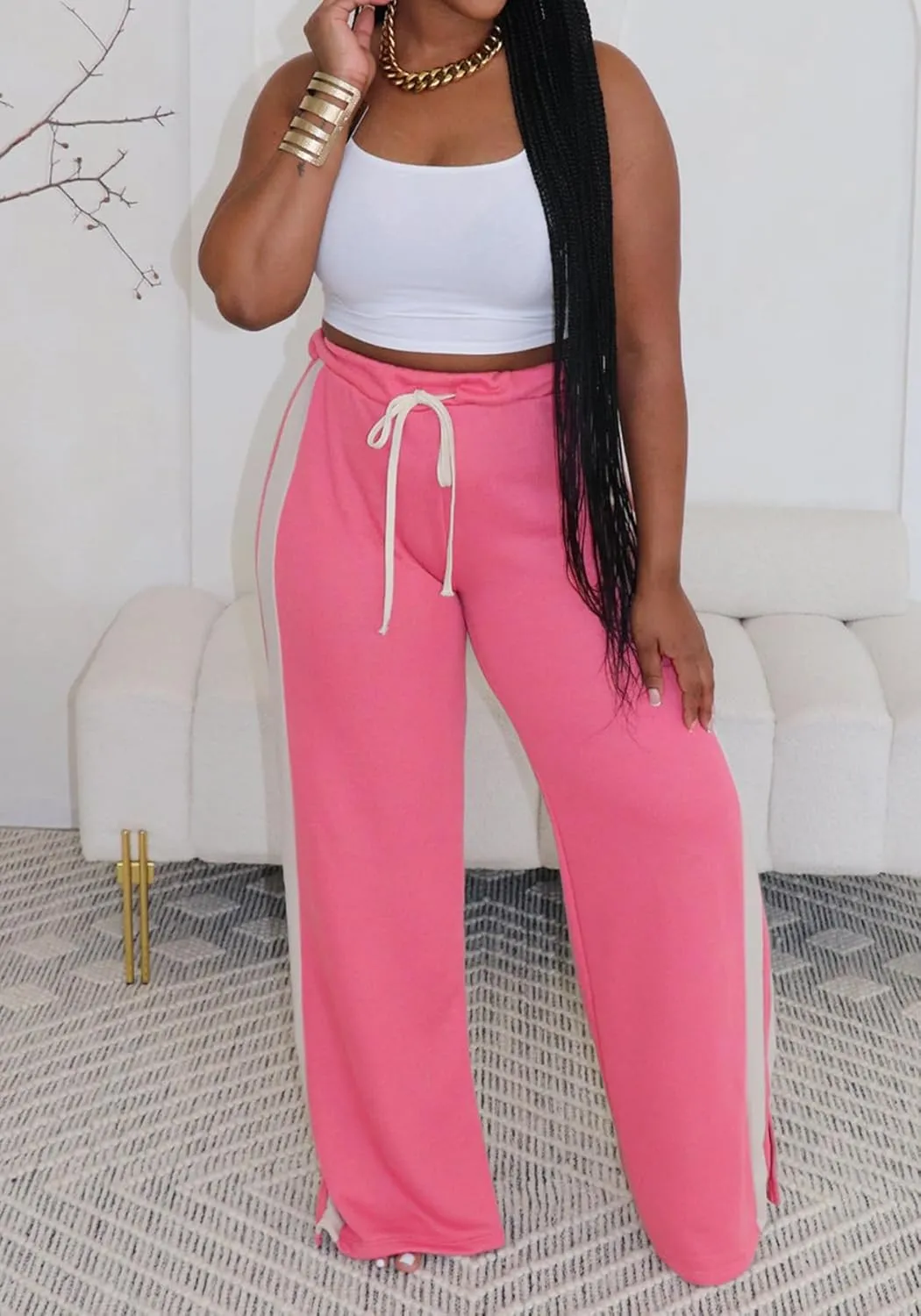 Lucuna Women's Wide Leg Sweatpants Striped High Waisted Drawstring Loose Straight Leg Lounge Baggy Pants