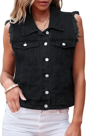 luvamia Denim Vest for Women Button Down Distressed Frayed Vests Top Western Casual Sleeveless Jean Jacket with Pockets