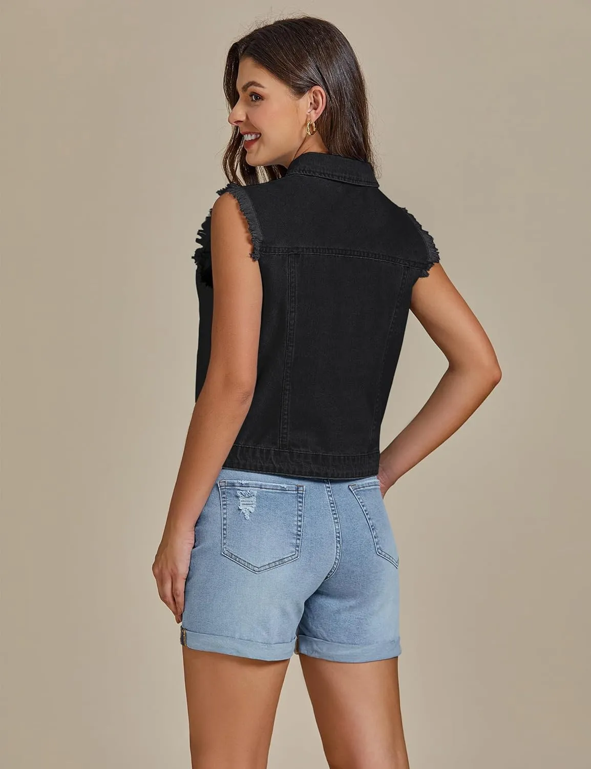 luvamia Denim Vest for Women Button Down Distressed Frayed Vests Top Western Casual Sleeveless Jean Jacket with Pockets