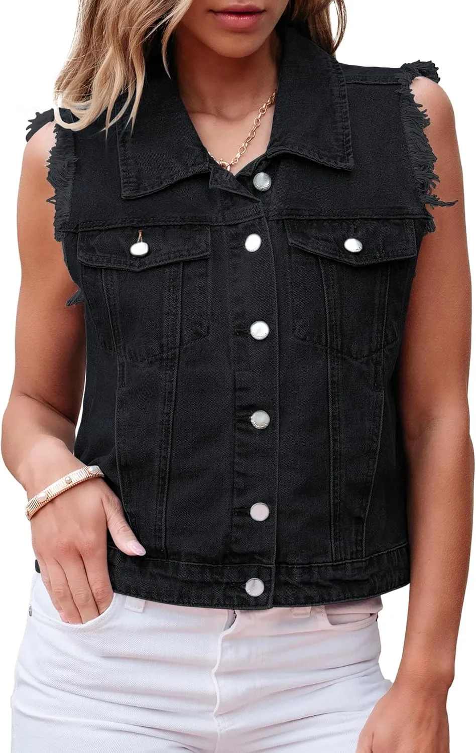 luvamia Denim Vest for Women Button Down Distressed Frayed Vests Top Western Casual Sleeveless Jean Jacket with Pockets