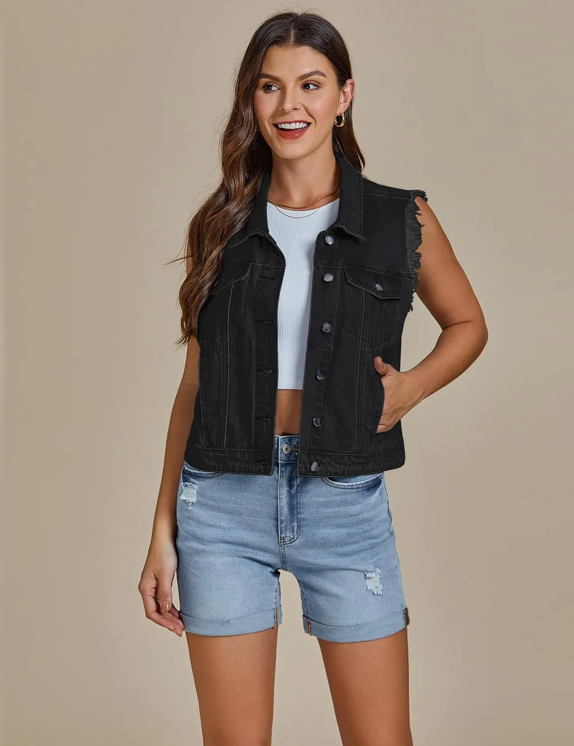 luvamia Denim Vest for Women Button Down Distressed Frayed Vests Top Western Casual Sleeveless Jean Jacket with Pockets