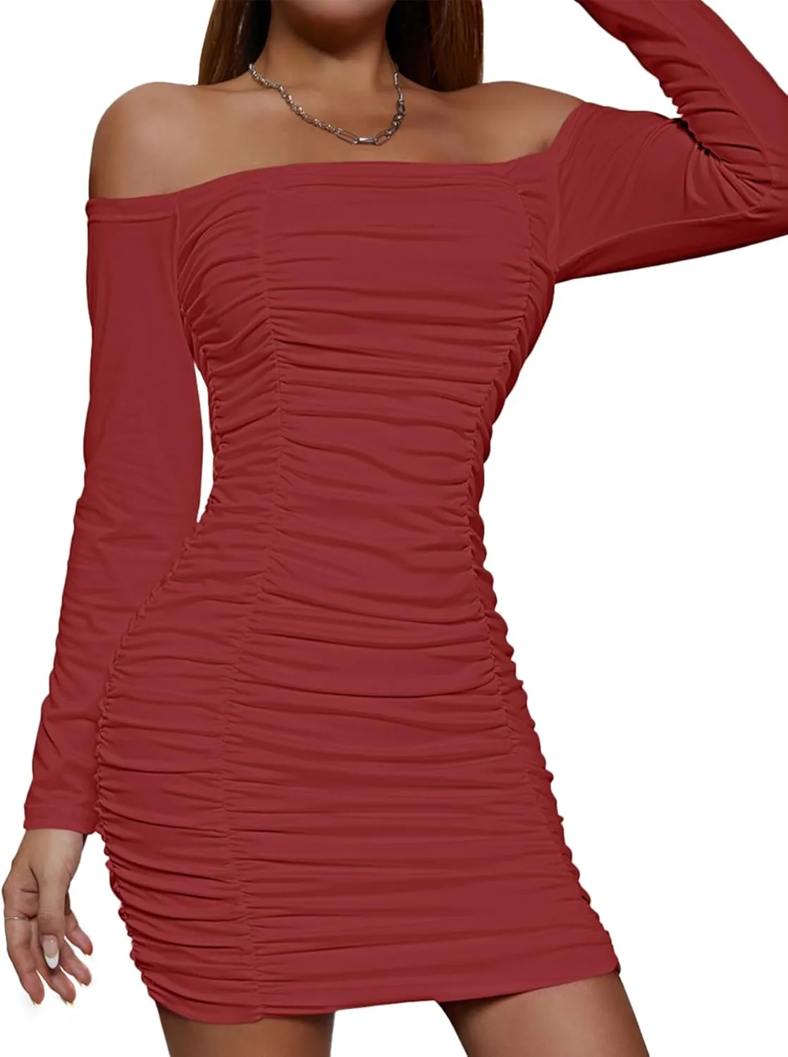 LYANER Women's Off Shoulder Ruched Long Sleeve Party Club Mini Bodycon Dress