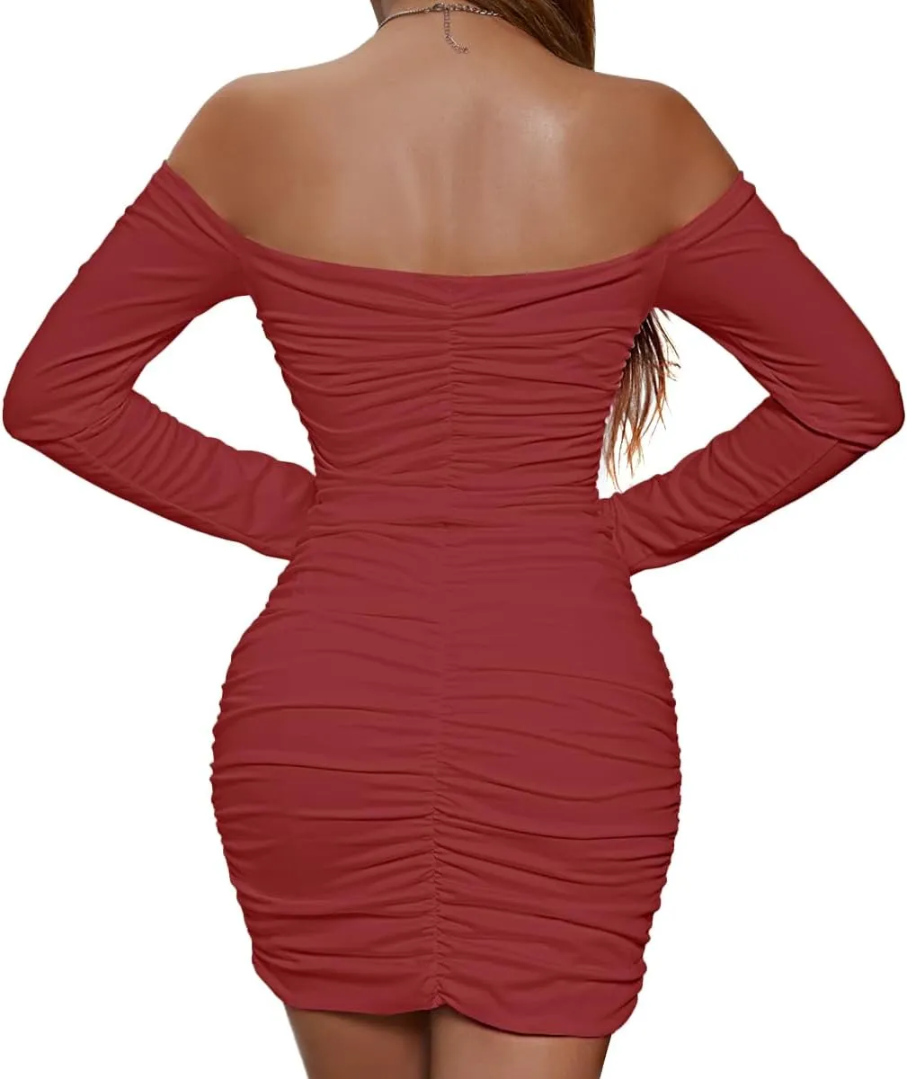 LYANER Women's Off Shoulder Ruched Long Sleeve Party Club Mini Bodycon Dress